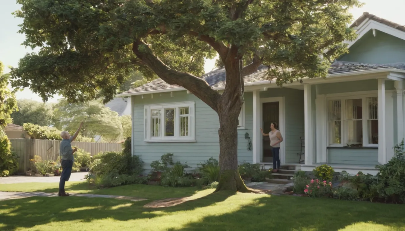 A provider and homeowner reviewing a tree near an older bungalow in the Pinole area