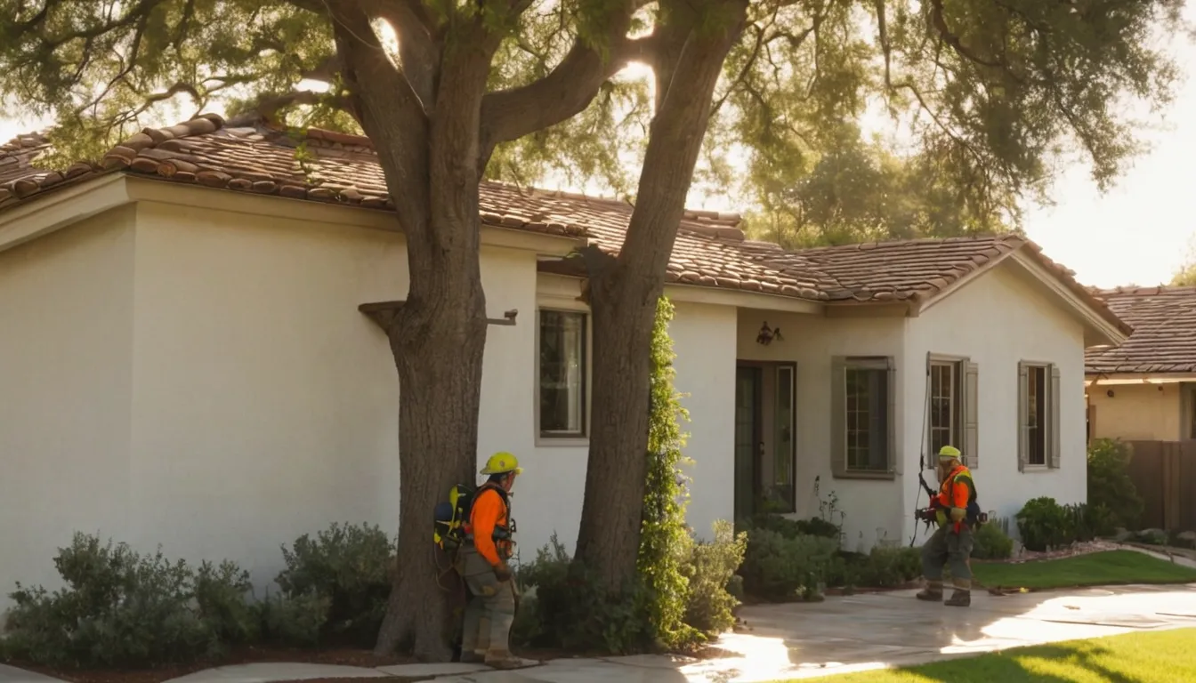 A local tree removal provider cutting a large tree in sections beside an older stucco home in Pinole
